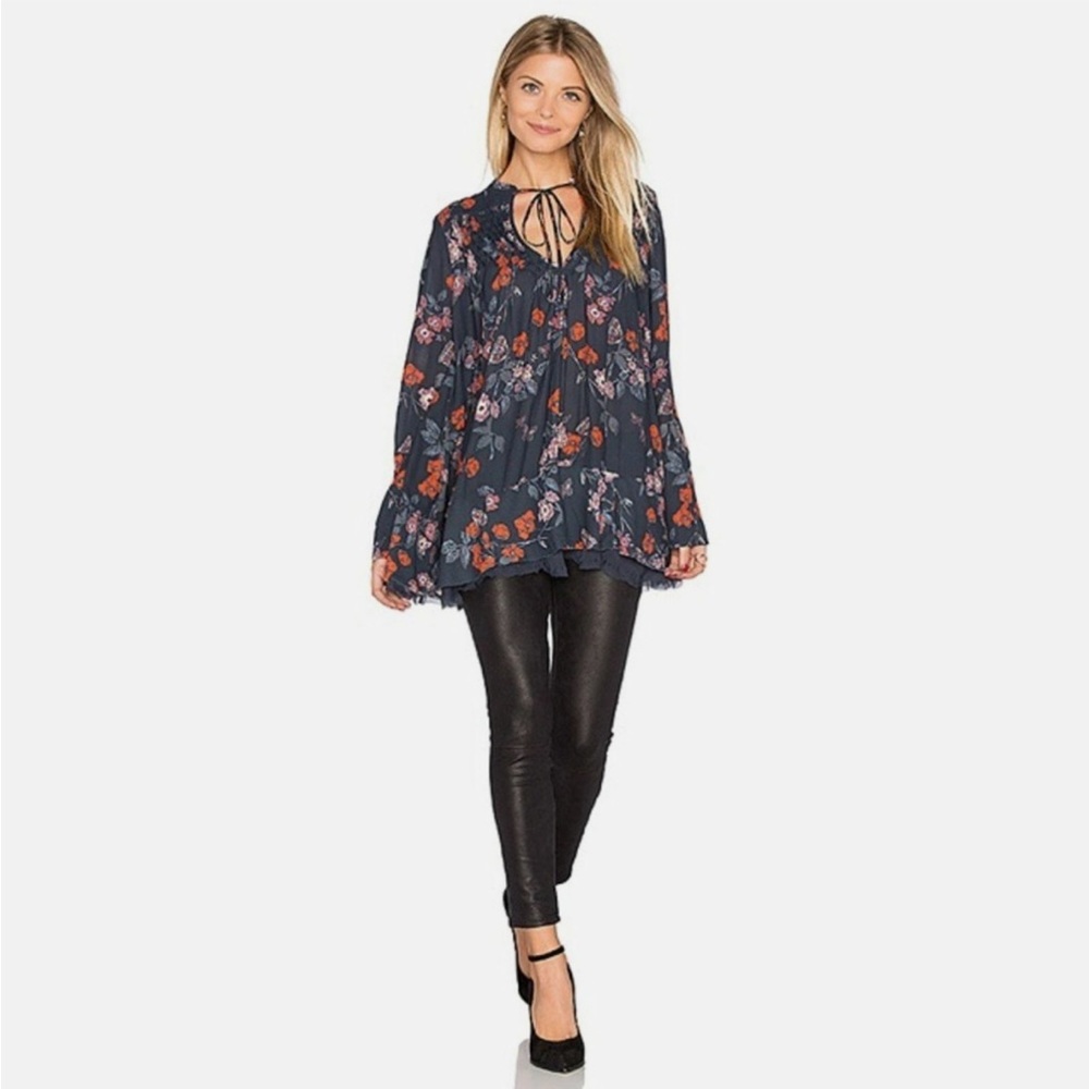 Free‎ People Floral Tunic Mini Dress Boho Smocked Peasant Long Sleeve Small